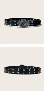Vintage punk style black leather belt with star eyelets and cool skull poker buckle for women jeans skirts