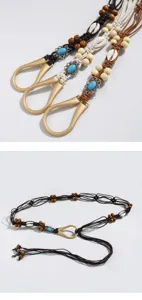 Cintura trecciata stile bohémien da donna con perline di legno conchiglie e fibbia in metallo.