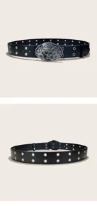 Vintage punk style double grommet leather belt with cool skull poker buckle for women