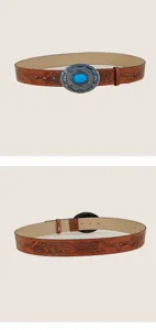 Western cowboy style brown leather belt featuring a turquoise metal buckle and bull head print.