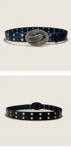 Vintage feather turquoise buckle black belt detail showing star eyelets and metal hardware.