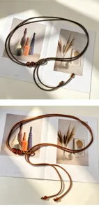 Elegante braune Leder-Taillenkette mit Perlen, stilvoller dünner Gürtel für Sommerkleider.