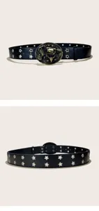 Vintage black leather belt with star eyelets and antique bronze revolver buckle for women.