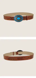 Western turquoise buckle bull head print belt vintage bohemian style women fashion accessory