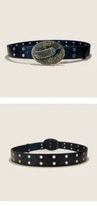 Detailed view of vintage Mongolian style double-row grommet leather belt with turquoise stone.