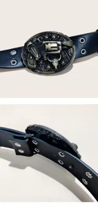Vintage Western cowboy style women leather belt with cool gun metal buckle and eyelets