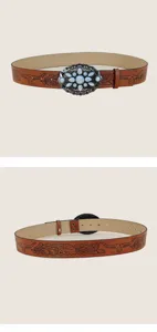 Western style brown leather belt with turquoise stone buckle and vintage bull head embossed details.