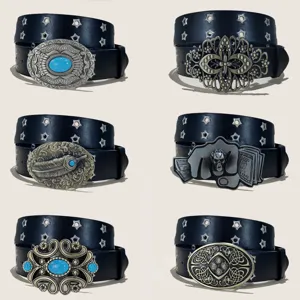 Vintage PU Leather Belt For Women Men Turquoise Feather Metal Buckle Double Grommet Waist Belt Casual Jeans Dress