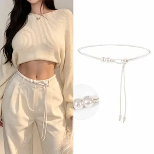 Weisser Perlen Seil Guertel KUette fuer Damen stilvolles Kleid Accessoire Sommer neu