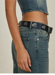 Western style skull metal rivet black PU leather belt waist detail close up view product