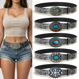 Bohemian Vintage Palace Style Gemstone Inlaid Wide Belt Women Silver Embossed PU Leather Waist Band