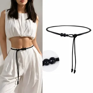 Damen schmale Leder Taillenkette Gürtel mit Perlen elegante lange Kordel für Sommer Kleider
