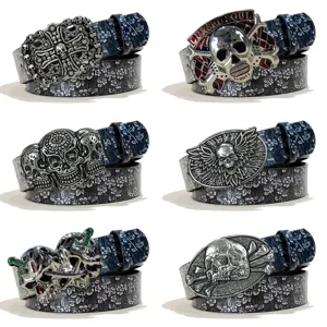 Women Punk Style PU Leather Belt Silver Embossed Skull Buckle Rhinestone Adjustable Waist Belt Fashion Accessories