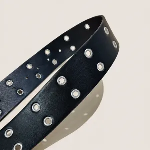 Black double grommet leather belt men women vintage style jeans skirt decorative belt