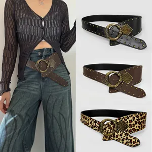 Dames Retro Luipaard Brede Riem PU Leer Korset Riem Klinknagel Metalen Gesp Tailleband
