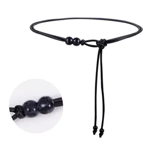 Schwarze Leder Taillenkette Gürtel mit doppelten Perlen und Knotendesign für Damen Kleid Accessoire.