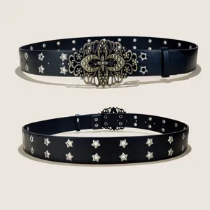 Vintage black leather belt featuring ornate metal buckle and star grommets for stylish outfits.