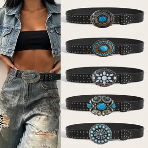Vintage Western Turquoise Rivet PU Leather Belt Unisex Fashion Casual Denim Metal Buckle Strap Retro Waist Belt