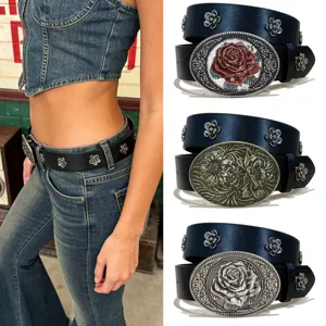 American Vintage Y2K Western Style Women Leather Belt Rose Flower Metal Studs Black Waist Belt Fashion Decor