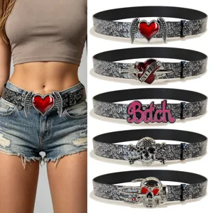 American Retro Y2K Style Women Men PU Leather Belt Vintage Embossed Heart Wings Skull Metal Buckle Casual Fashion Waist Belt
