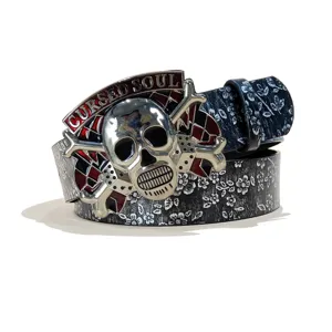 Punk style women leather belt with oversized metal skull buckle and embossed floral pattern design.