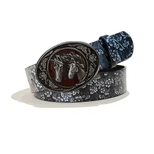 Western style women belt with vintage horse head buckle and floral pattern strap main view