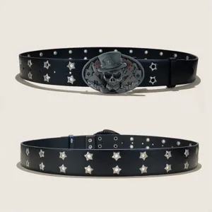 Punk style black leather belt with skull poker buckle and double row star eyelets.