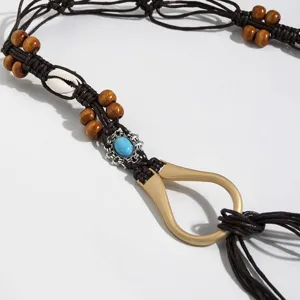 Cintura intrecciata boho con perline di legno e conchiglia per donne stile vacanza