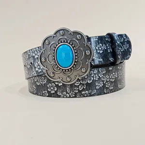 Bohemian Vintage Gemstone Wide Belt Women Fashion Floral Embossed Decorative Waistband