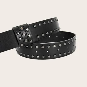 Black leather belt featuring double-row metal studs and loops, coiled main view display.
