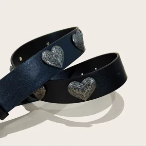 American retro Y2K western style black leather belt with ornate floral silver heart metal rivets for women.