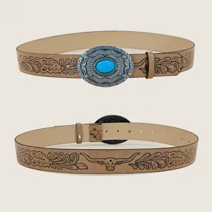 Western vintage women cowboy belt with turquoise stone buckle embossed leather bohemian style.