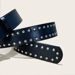 Stylish black leather studded belt for men and women, perfect for vintage jeans and casual outfits.