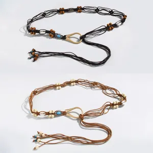Cintura in vita intrecciata bohémien da donna, accessorio decorativo con perline di legno.