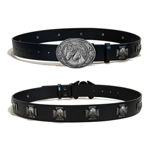 Western cowboy style black PU leather belt with oval horse buckle and punk skull rivet studs