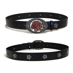 American vintage Y2K western style black leather belt with red rose metal buckle and flower rivets