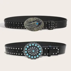 Western style black leather belt with vintage turquoise metal rivet buckle fashion jeans accessory