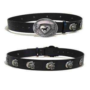 Western style black PU leather belt with silver skull studs and large oval horse buckle for jeans.