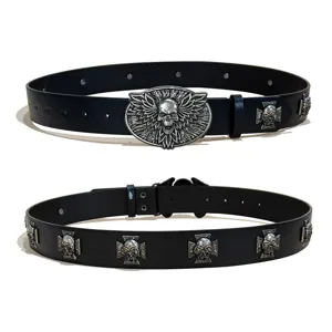 Cinturón de cuero punk negro para hombre mujer, hebilla de calavera gótica tachuelas.