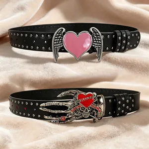 Punk style black leather belt with metal studs, featuring unique heart and skull buckle designs.