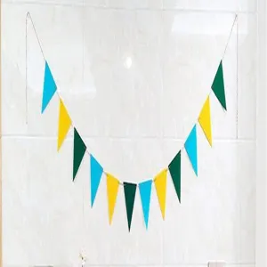 Colorful non-woven triangle pennant banner for party decoration on a white wall