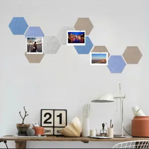 Hexagonal self-adhesive felt wall message boards in a creative and modern home layout.