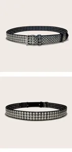 Black punk style leather belt with metal square eyelet rivets and pin buckle for cool outfits.