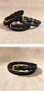 French vintage black leather belt for women, D-buckle thin waist strap for dress and jeans