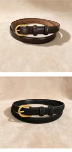 Women vintage genuine leather belt with gold D-buckle, perfect detail view for dress and jeans.