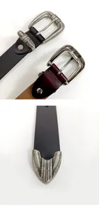 Vue détaillée de ceinture en cuir rétro américaine avec boucle ardillon en métal gravé.