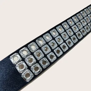 Black leather punk belt with double rows of square metal rivets for hip-hop style fashion.