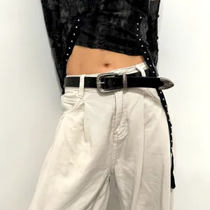 Ceinture en Cuir Véritable Vintage pour Femmes Rétro Boucle à Ardillon Sculptée en Alliage Ceinture de Jeans Casual Accessoires de Mode