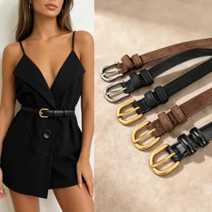 French Vintage Genuine Leather Belt For Women Gold Metal D Ring Buckle Casual Dress Jeans Slim Waist Decorative Strap