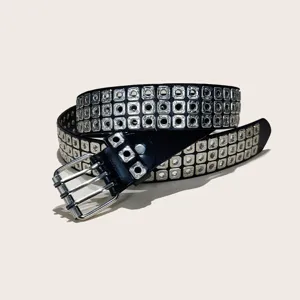 Black leather rivet belt with triple metal grommets, punk hip-hop style jeans belt for daily wear.